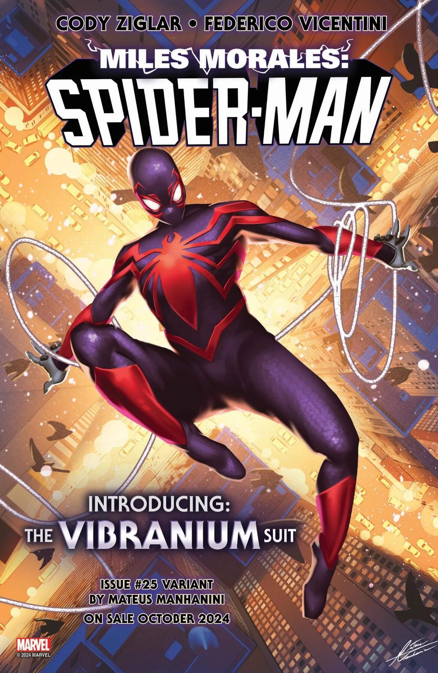 Variant cover di Miles Morales: Spider-Man 25 di Mateus Manhanini, che presenta il nuovo costume di Vibranio