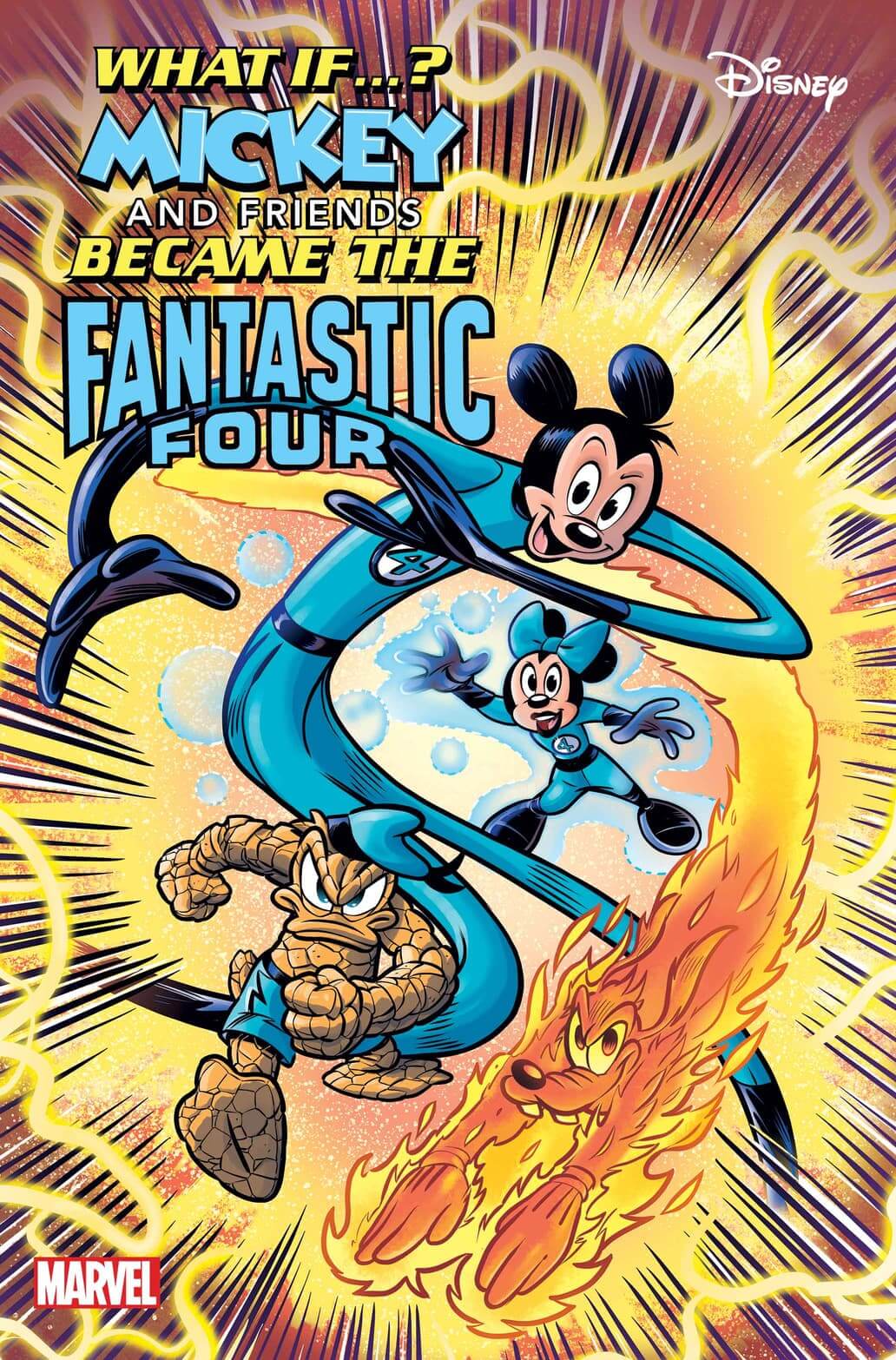 Topolino e i suoi amici nei panni dei Fantastici Quattro nella cover di Marvel & Disney: What If…? Mickey & Friends Became the Fantastic Four' #1 di Lorenzo Pastrovicchio