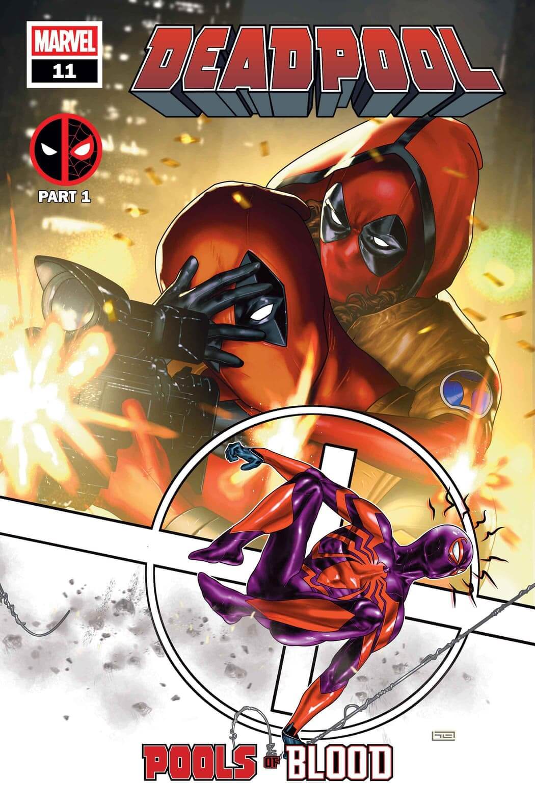 Cover di Deadpool 11 di Taurin Clarke, primo capitolo del crossover con Miles Morales: Spider Man "Pools of Blood"