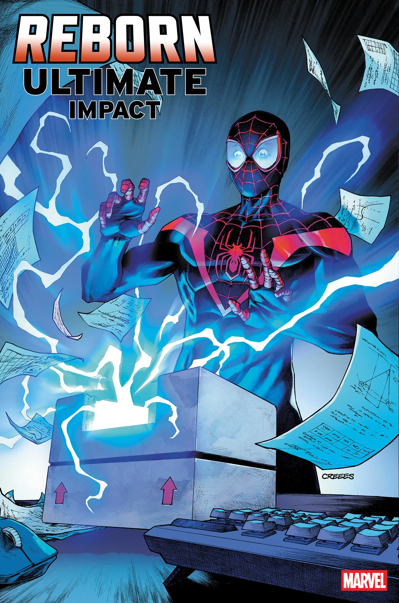 Miles Morales davanti a una scatola aperta che sprigiona energia azzurra sulla copertina di Reborn Ultimate Impact