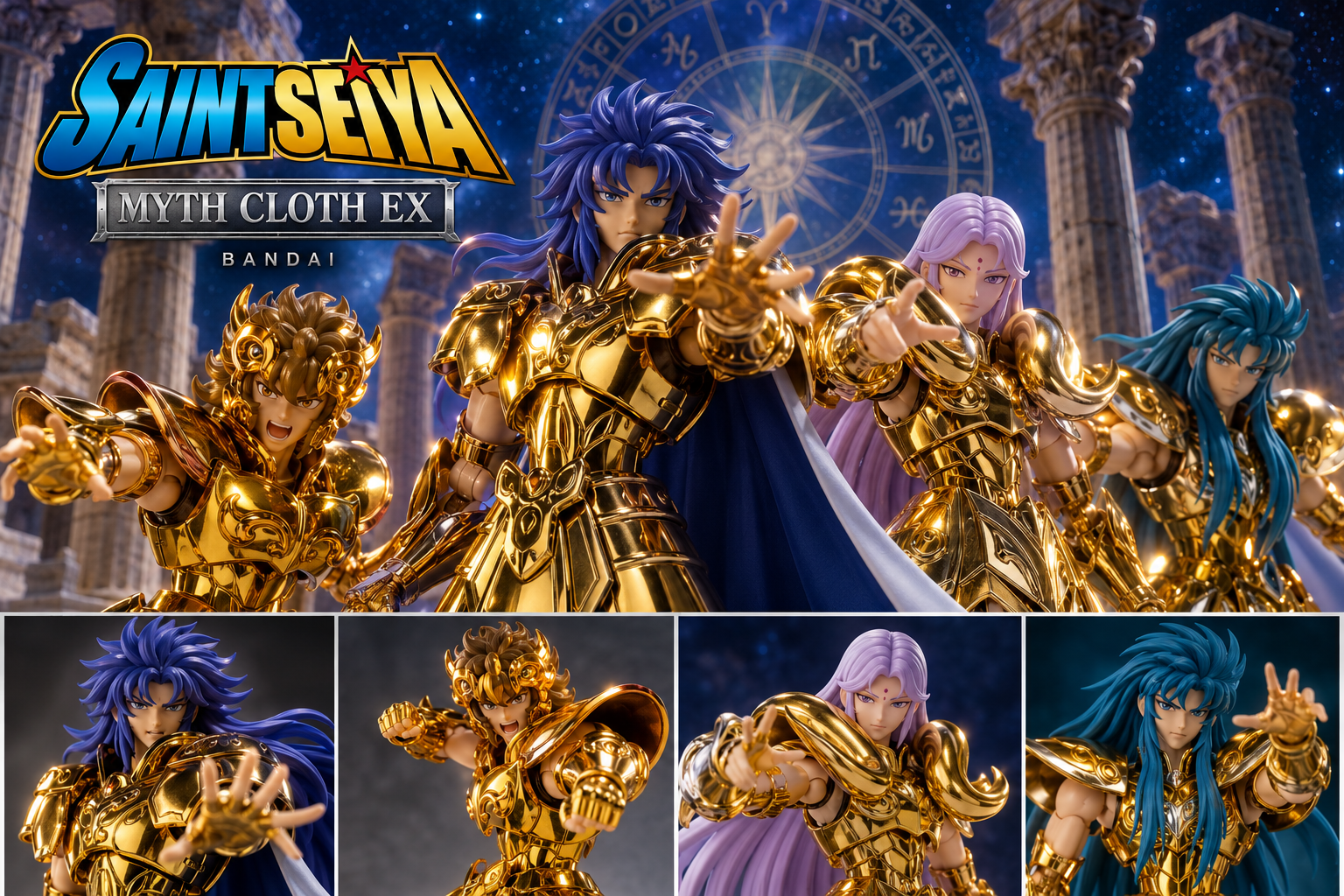 Collezione di Cavalieri dello Zodiaco Saint Seiya Myth Cloth EX con armature dorate sotto un cielo stellato