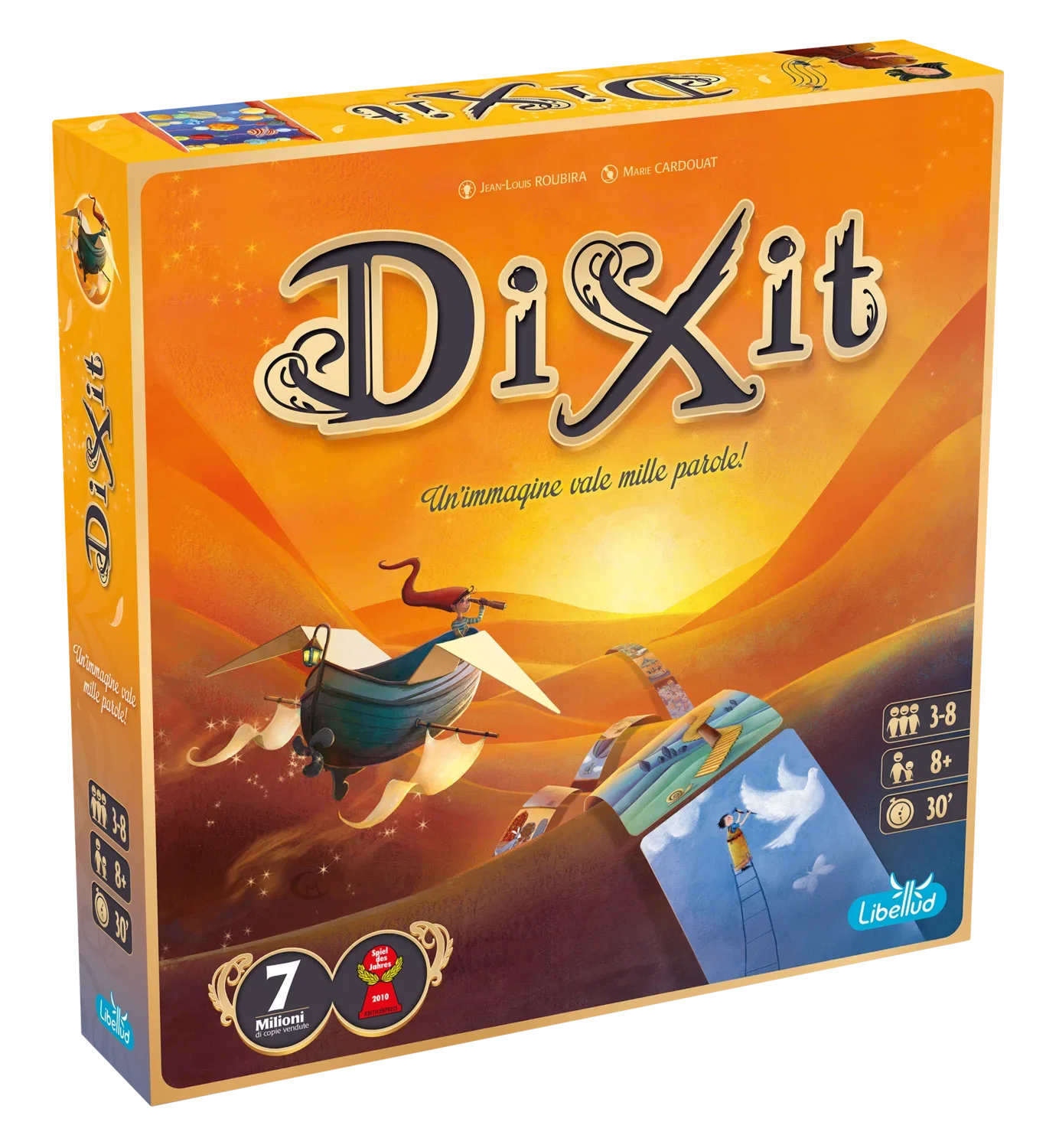 Confezione italiana di Dixit, gioco di carte illustrate per 3–8 giocatori.
