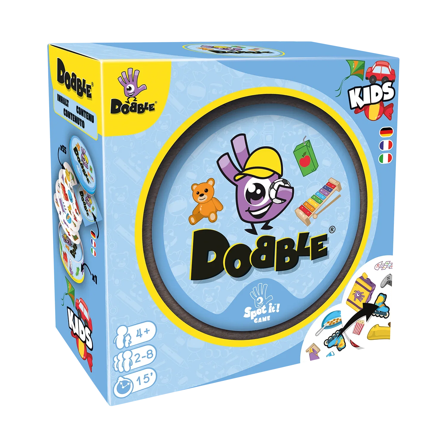 Confezione di Dobble Kids, versione del gioco indicata dai quattro anni.