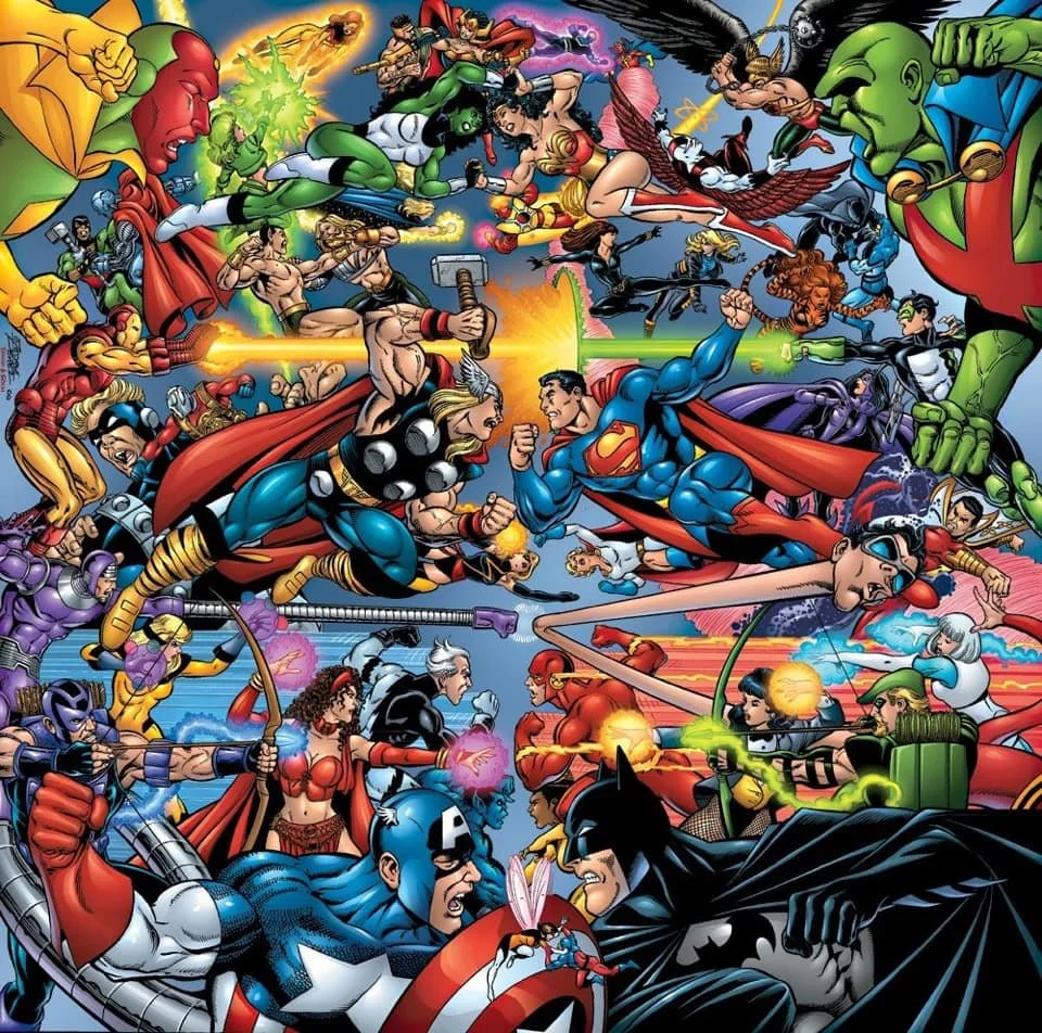 Illustrazione dello scontro tra Justice League e Avengers con Thor contro Superman e Capitan America contro Batman