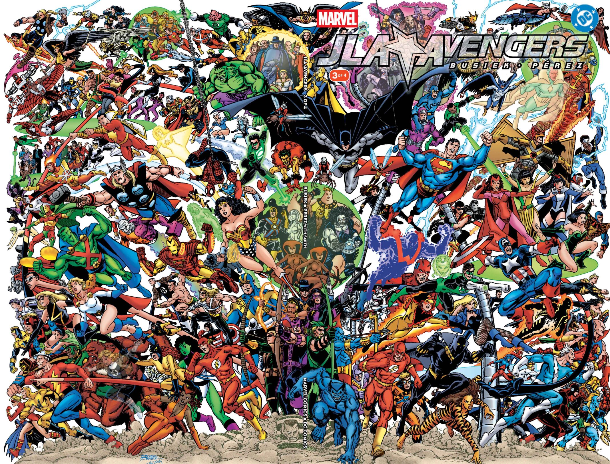 Copertina panoramica di JLA/Avengers 3 con numerose incarnazioni degli eroi Marvel e DC disegnate da George Pérez