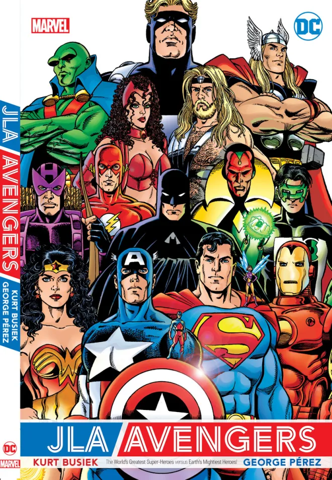Copertina della raccolta JLA/Avengers con gli eroi Marvel e DC riuniti, disegnata da George Pérez