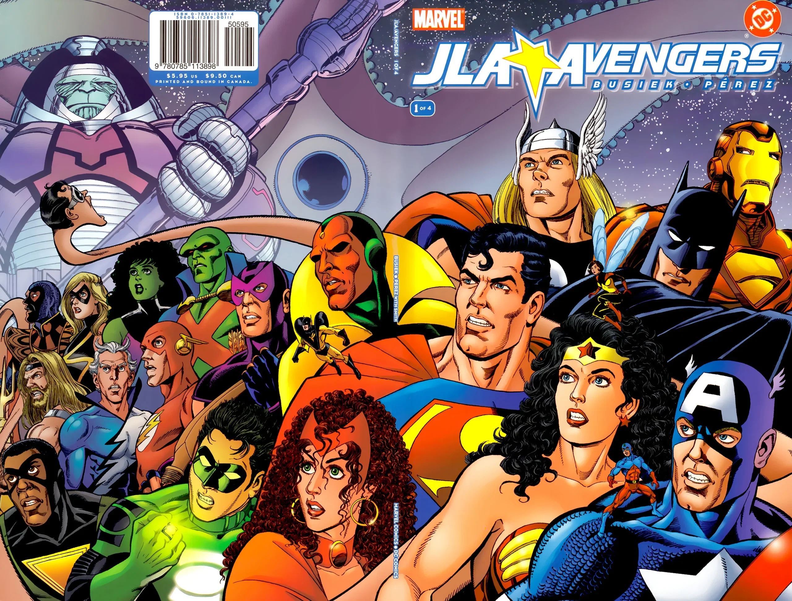 Copertina panoramica di JLA/Avengers 1 con Superman, Batman, Capitan America e gli altri membri dei due gruppi