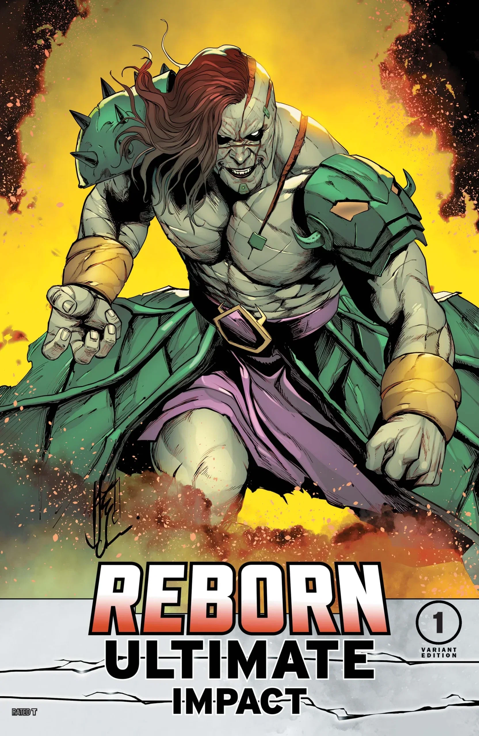Hostilicus con armatura verde sulla copertina variant di Reborn Ultimate Impact 1