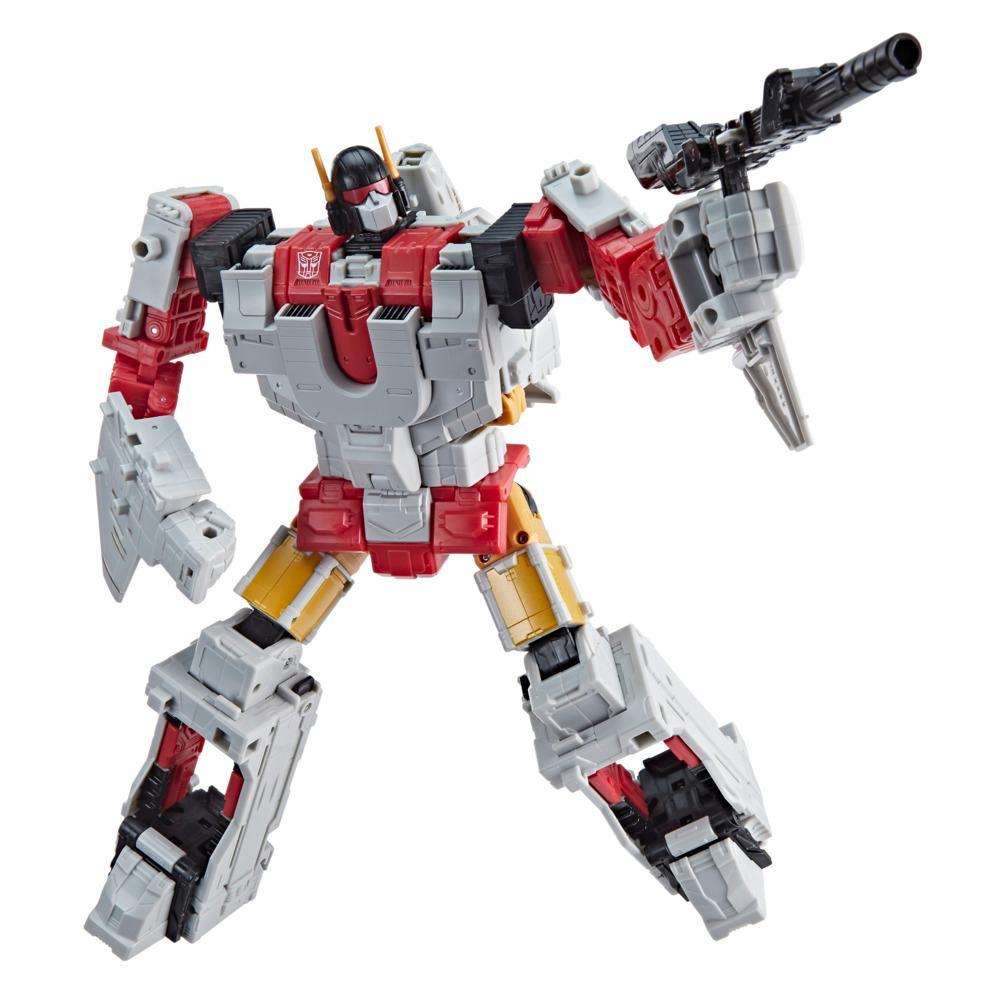 Aerialbot Silverbolt Age of the Primes Commander Class in modalità robot bianco e rosso, con blaster.