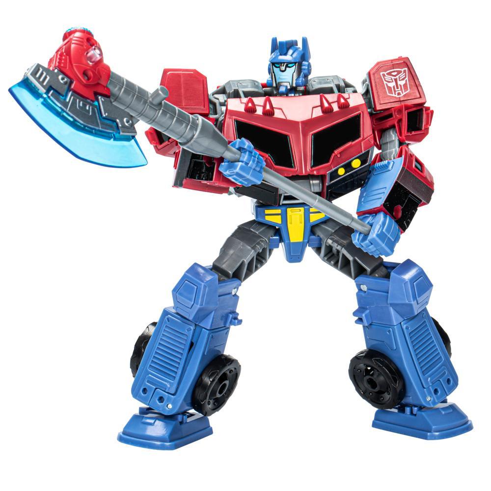 Optimus Prime Legacy United Animated Universe Voyager Class in modalità robot, con ascia Ion Axe.
