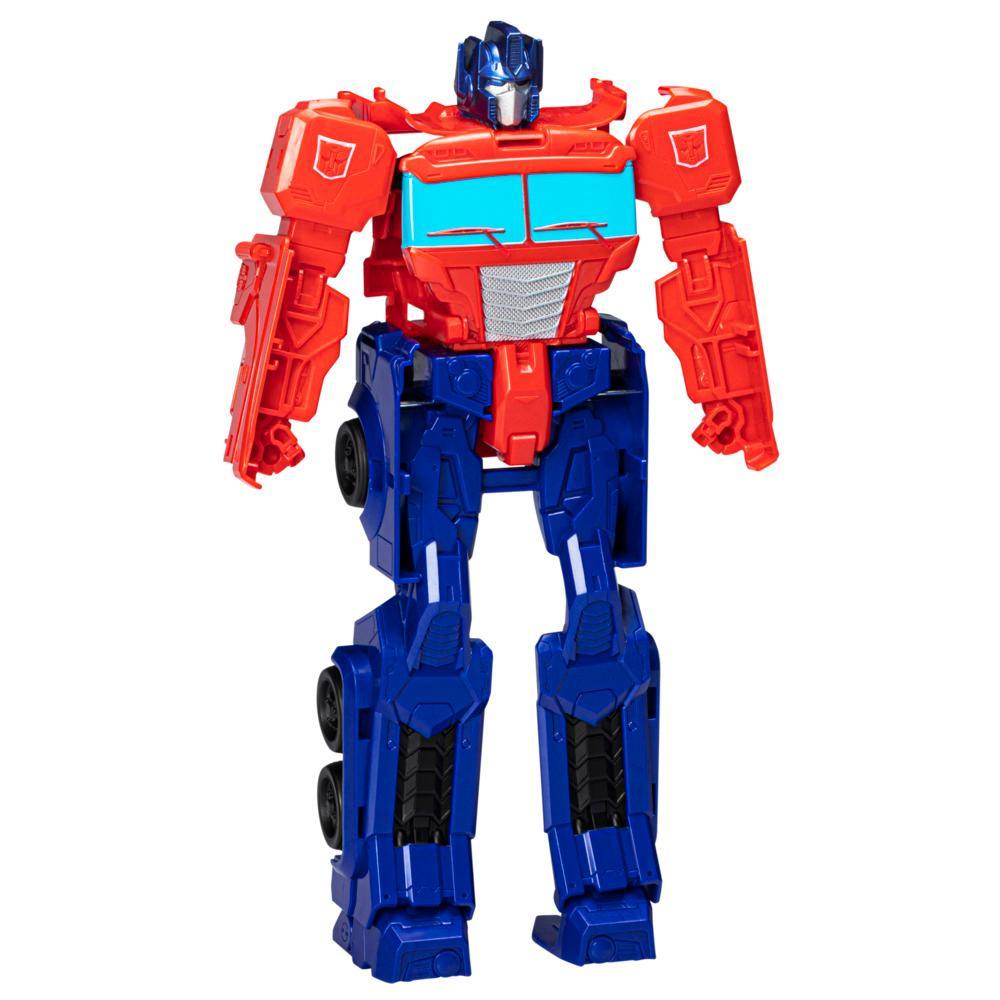 Optimus Prime Titan Changer di Rise of the Beasts in modalità robot rosso e blu, modello Hasbro F4844.