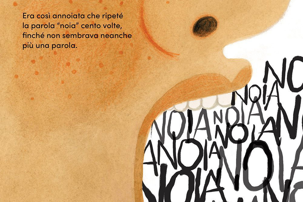 Rita ripete la parola noia in una tavola di Che noia!, illustrata da Felicita Sala