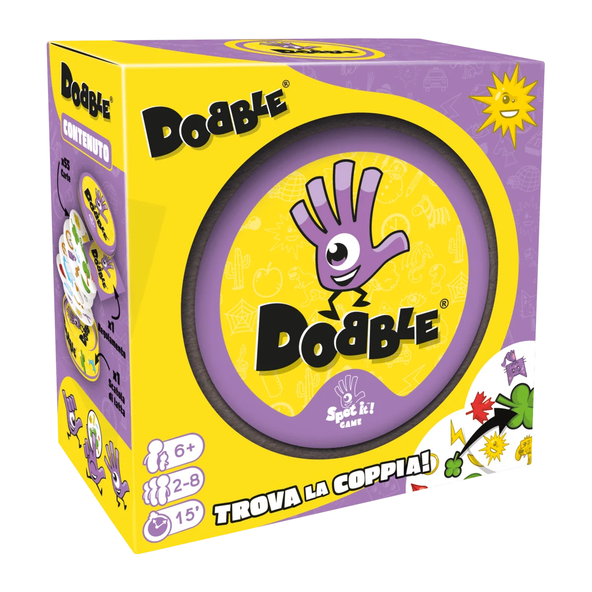 Confezione gialla e viola di Dobble classico, gioco di osservazione per 2–8 giocatori.