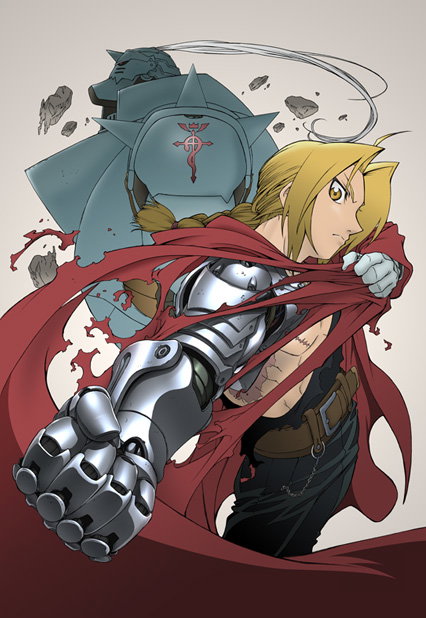 Edward Elric con il braccio meccanico in primo piano e Alphonse nel visual di Fullmetal Alchemist del 2003