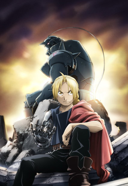 Edward seduto davanti ad Alphonse nel visual promozionale di Fullmetal Alchemist Brotherhood