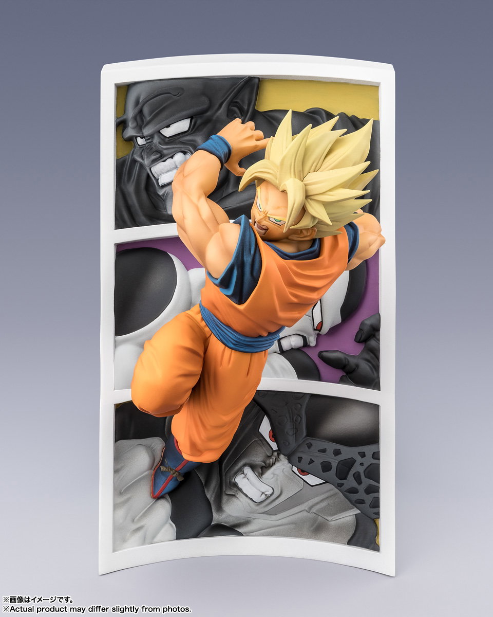 Goku Super Saiyan FiguartsZERO Trail of Battles con i suoi avversari nella composizione a rilievo