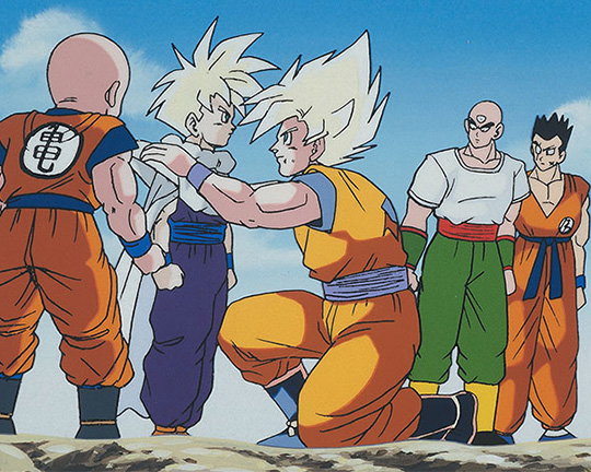 Goku e Gohan Super Saiyan con Crilin, Tenshinhan e Yamcha nella visual ufficiale di Dragon Ball Z Kai