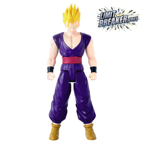 Gohan Super Saiyan Limit Breaker di Bandai con capelli dorati e uniforme viola di Dragon Ball Super: Super Hero.