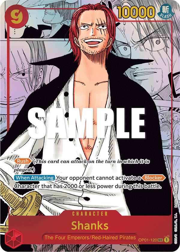 Shanks OP01-120 Manga Alternate Art con vignette del fumetto sullo sfondo