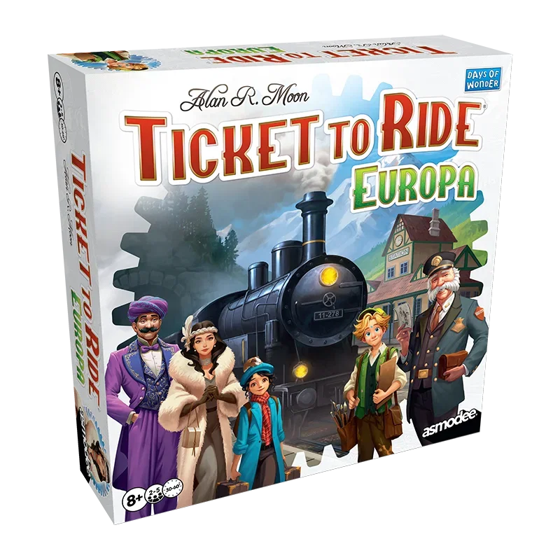 Confezione di Ticket to Ride Europa Refresh con un treno e i personaggi illustrati.