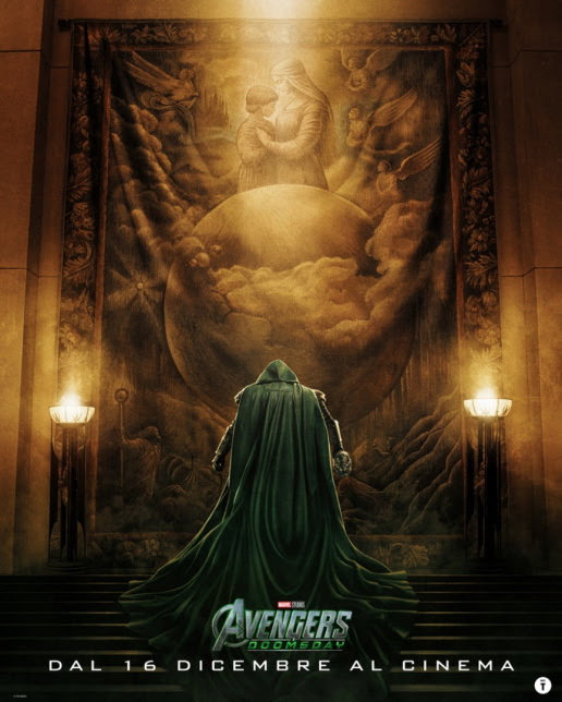 Dottor Destino visto di spalle davanti a un grande dipinto nella locandina di Avengers Doomsday
