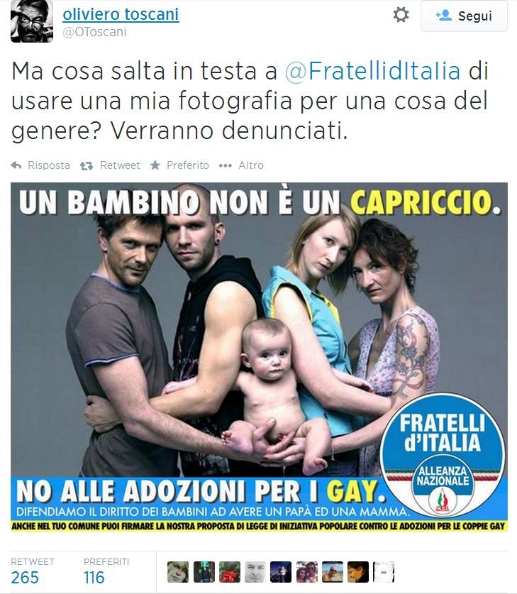 fratelli d'italia adozioni gay oliviero toscani