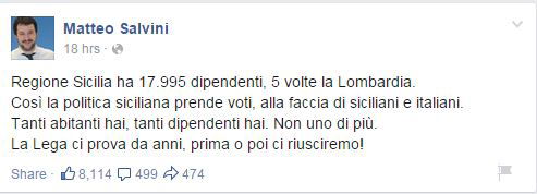 Il vecchio cavallo di battaglia della "vecchia" Lega, il confronto tra Sicilia e Lombardia (fonte: Facebook.com)