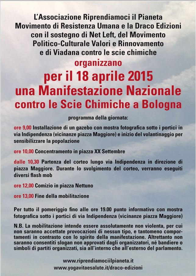 Il programma della manifestazione nazionale contro le scie chimiche del 18 aprile a Bologna (fonte: riprendiamociilpianeta.it)