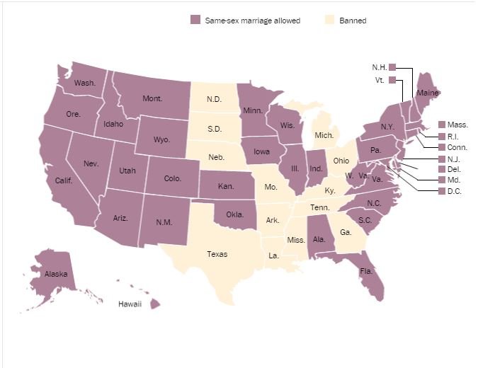 Gli stati dove i matrimoni gay sono consentiti e quelli dove sono vietati (fonte: washingtonpost.com)