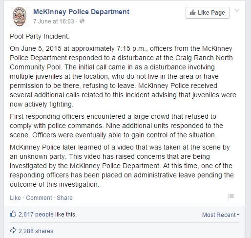 La dichiarazione del Dipartimento di polizia di McKInney (fonte: Facebook.com)