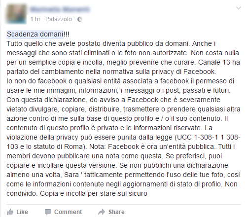 messaggio privacy facebook bufala