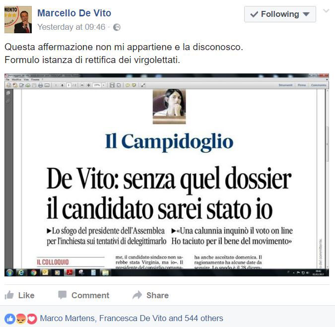 marcello de vito rettifica