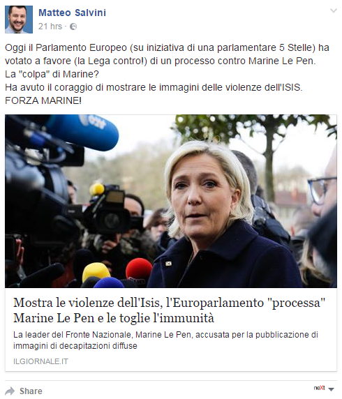 Matteo Salvini immunità Marine Le Pen