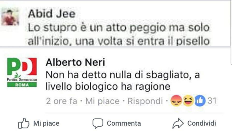 Alberto Neri: l'utente PD che approva Abid Jee sullo stupro è un fake article-post