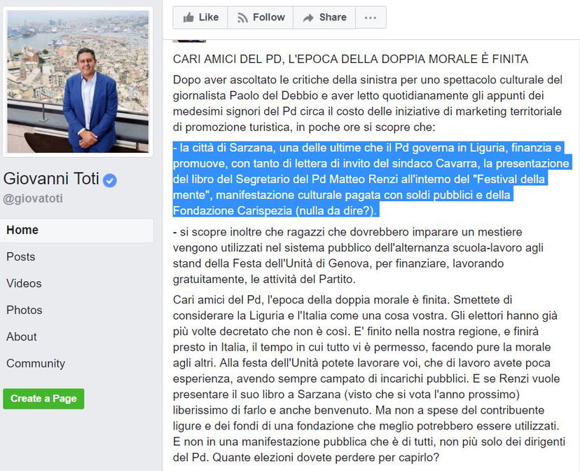 «No alla presentazione del libro di Renzi con i soldi pubblici» article-post