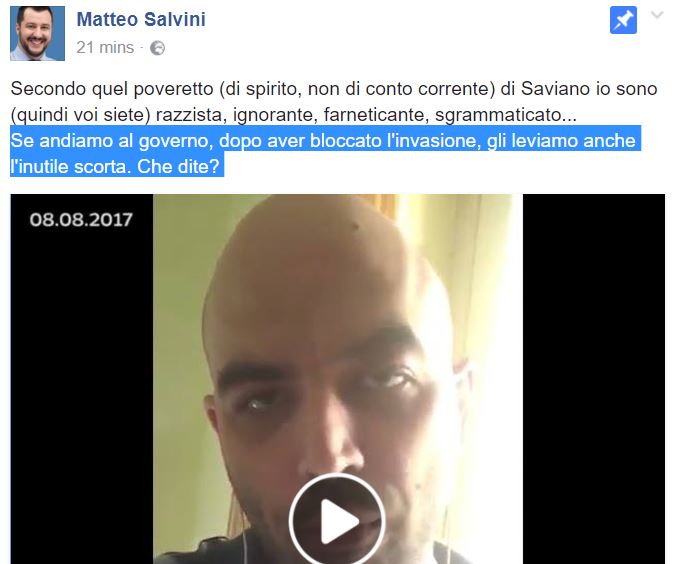 Matteo Salvini vuole levare la scorta a Saviano article-post