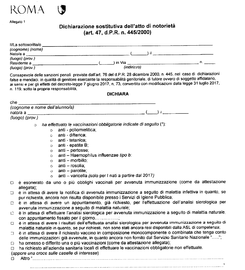 comune roma autocertificazione vaccini scuola - 1