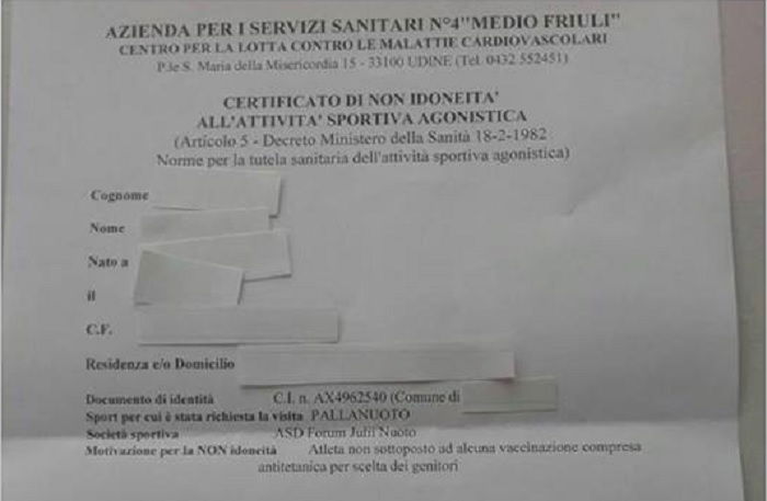 vaccini pallanuoto tetano udine