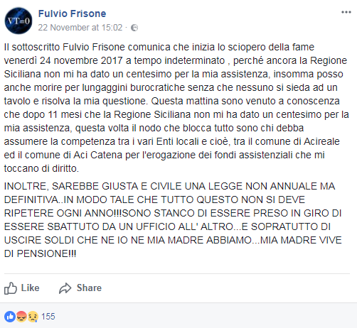 fulvio frisone sciopero della fame assistenza regione siciliana - 2