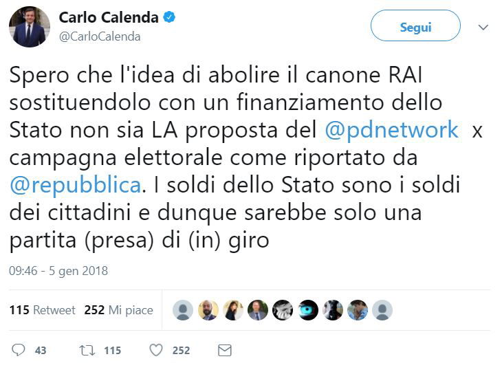 Gli sfottò di Calenda al PD sul canone RAI da abolire preview