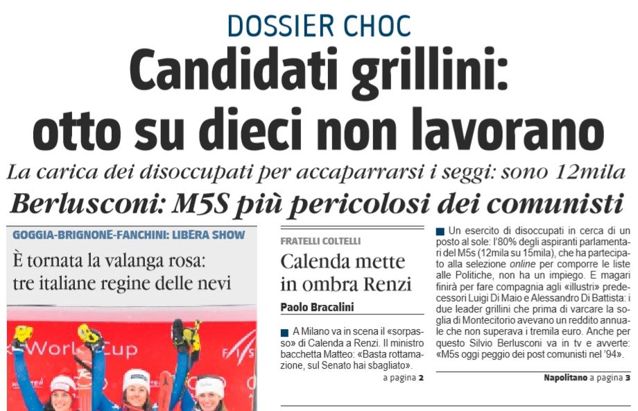 Il Giornale all'attacco dei candidati grillini: «8 su 10 non lavorano» article-post