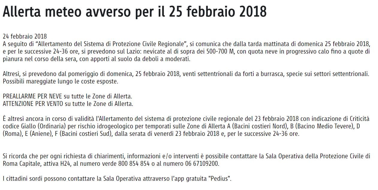 allerta meteo comune di roma lunedì 26 febbraio 2018