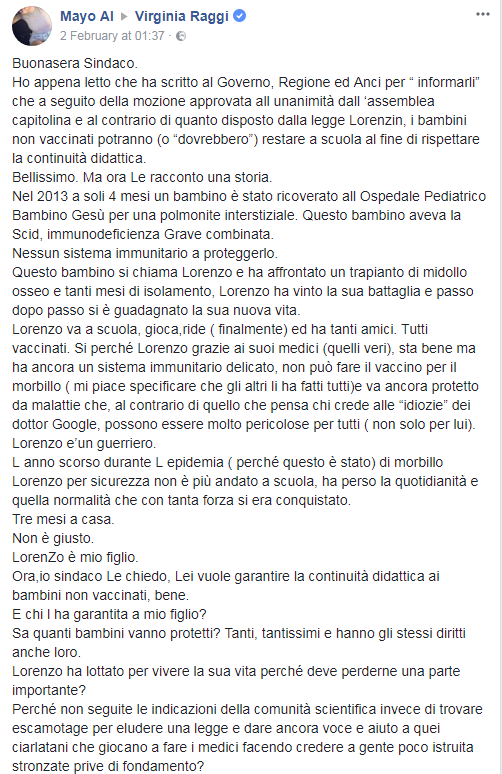 lorenzo bambino immunodepresso lettera raggi mamma vaccini - 1