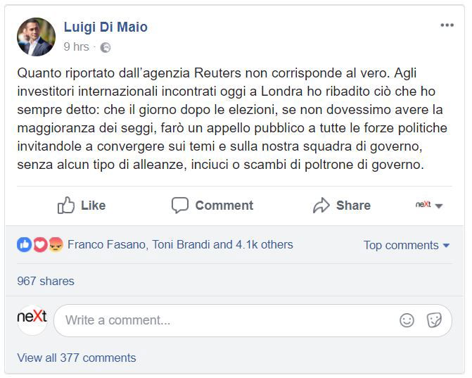 luigi di maio m5s pd forza italia lega