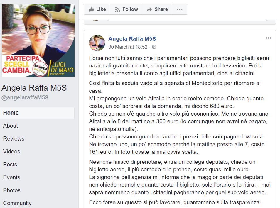 Angela Raffa: l’onorevole M5S e i biglietti aerei troppo cari article-post