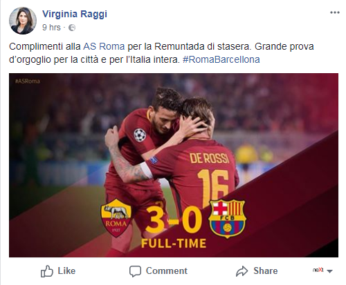 virginia raggi vittoria roma barcellona champions league - 1