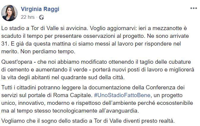 virginia raggi stadio della roma