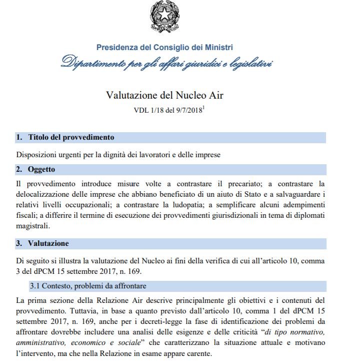 valutazione nucleo air pcm decreto dignità 1