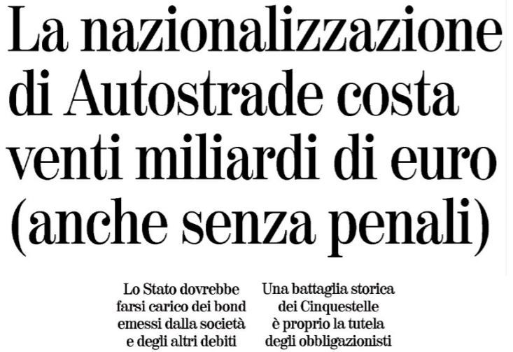 La nazionalizzazione di Autostrade costa 20 miliardi article-post