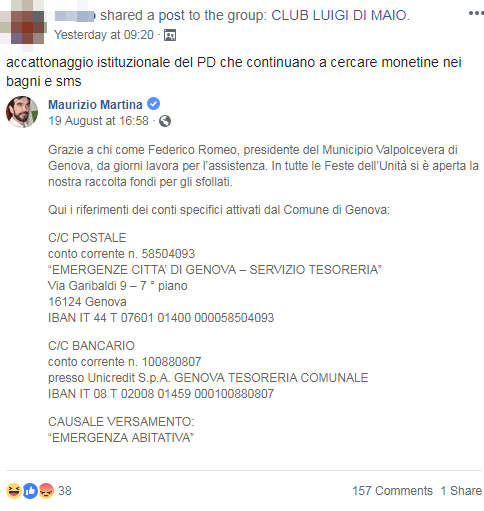 raccolta fondi pd genova amatrice complotto - 6